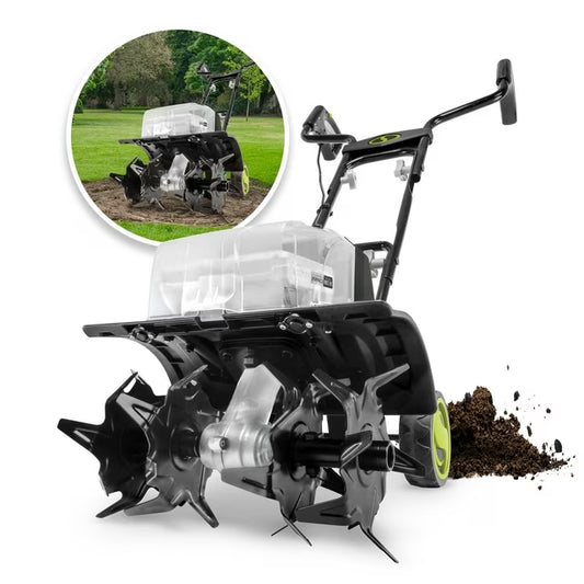 48V Cordless 14-inch Garden Tiller + Cultivator, 3-Position, 2 x 2.0-Ah Batteries & Charger