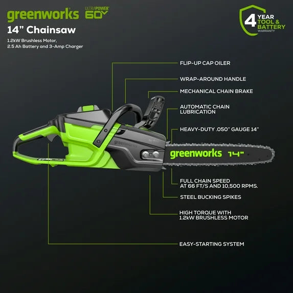 60V 14” 1.2kW Chainsaw with 2.5 Ah Battery & 3 Amp Charger 2028702